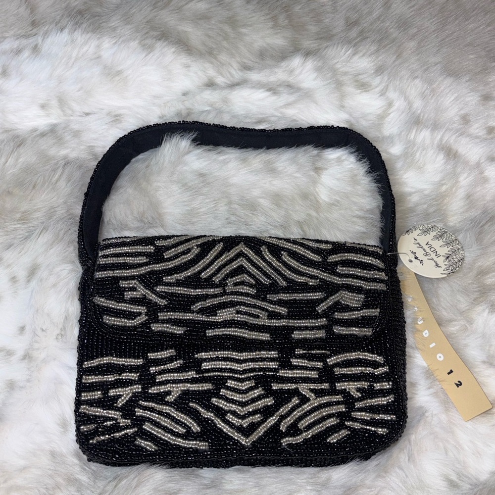 Chic Black and Silver Beaded Shoulder Bag